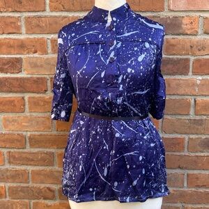 Alexander McQueen Navy Blue and White Splatter Print Blouse